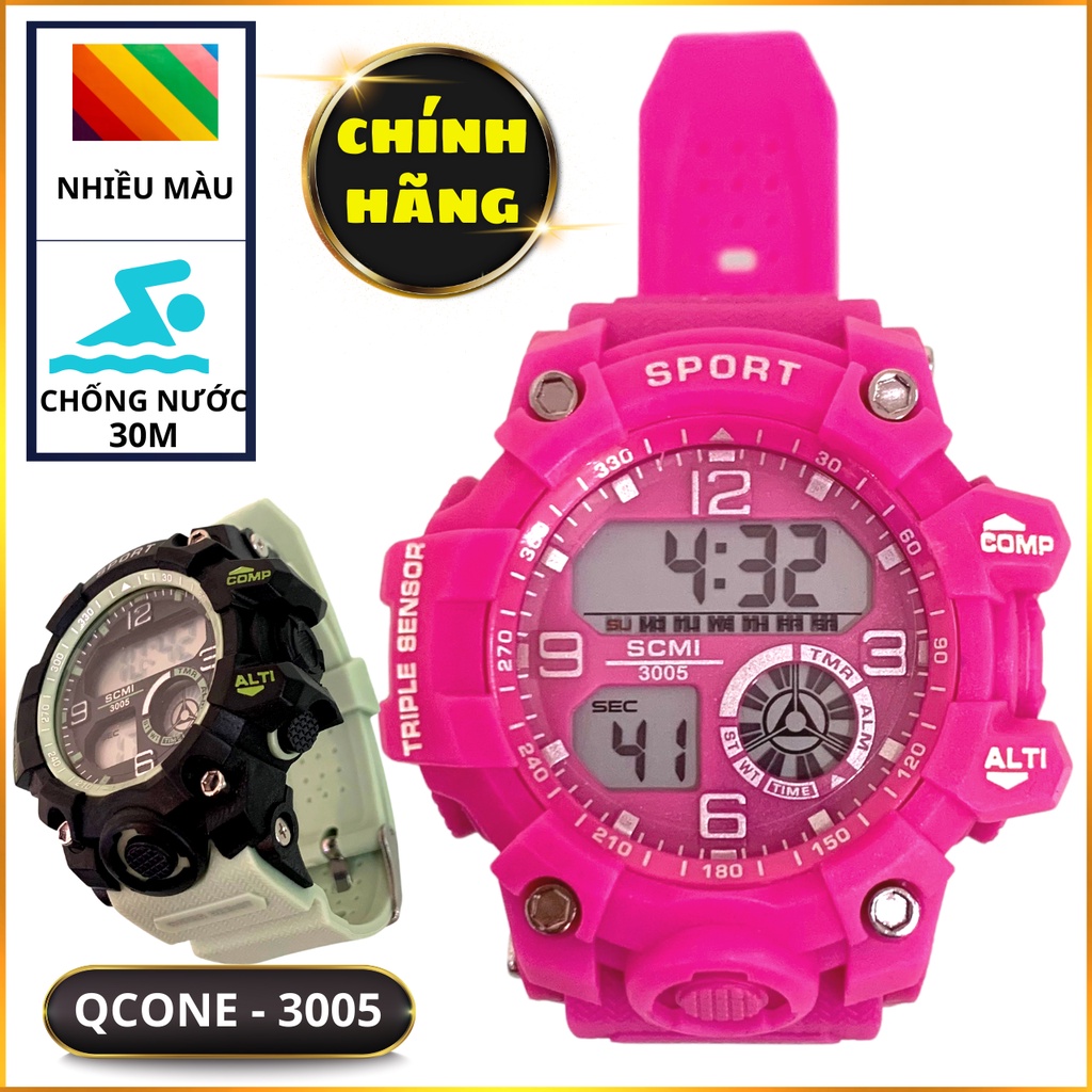 Đồng hồ điện tử trẻ em bé trai và bé gái chống nước Qcone 3005 chống nước 30m đa chức năng có đèn led 7 màu