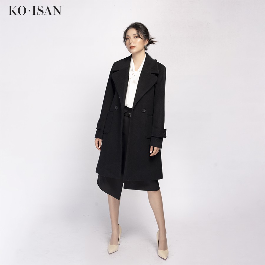 Áo khoác dạ nữ KO-ISAN dáng dài màu đen cúc tay - 3300352-5