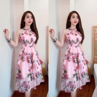 Đầm xoè maxi cổ yếm giọt nước voan hoa giá rẻ kèm ảnh thật