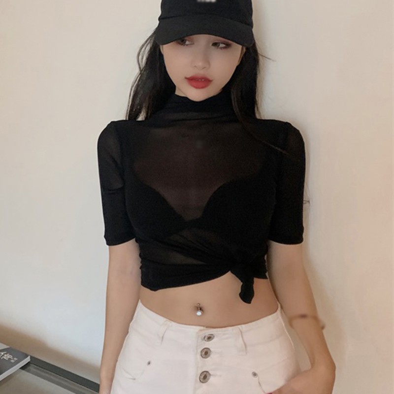 Áo lưới xuyên thấu tay ngắn phong cách Hàn Quốc thời trang quyến rũ dành cho nữ