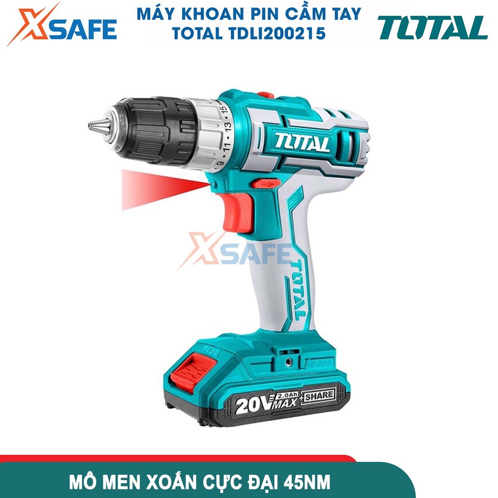 Máy khoan pin cầm tay 20V 10mm Total TDLI200215 hai tốc độ 400-1500rpm, lực mô men 45nm nhông cơ khí 2 tốc độ [Xsafe]