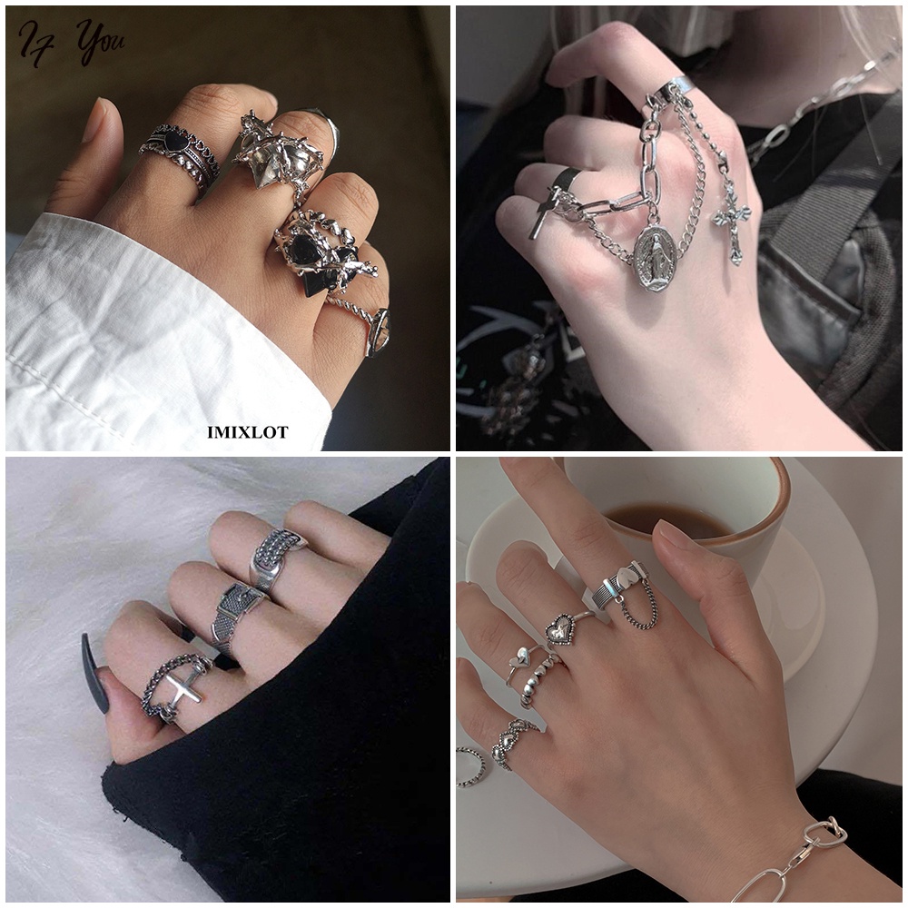 Bộ nhẫn AY bạc phối chuỗi xích trái tim/ bướm thời trang cá tính dành cho nữ