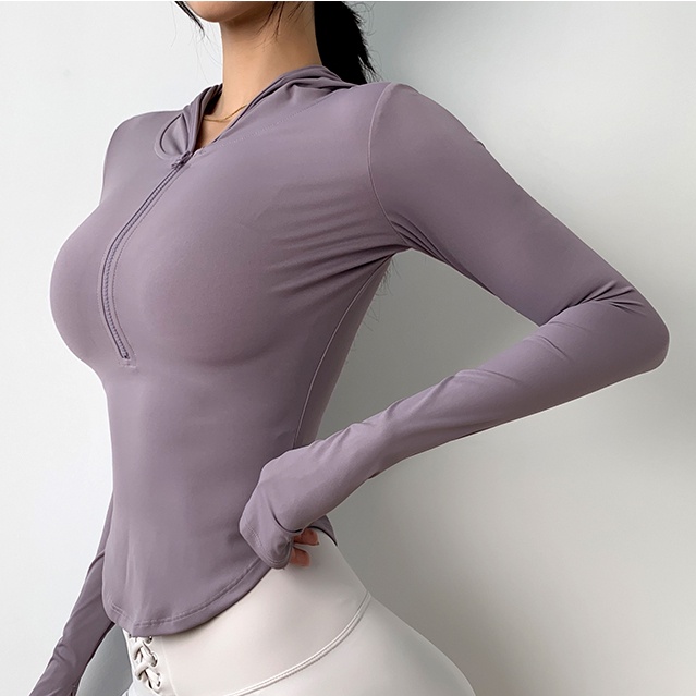 Áo tập yoga ANRAN tay dài dáng ôm có mỹ trùm và khóa kéo một nửa thời trang cá tính
