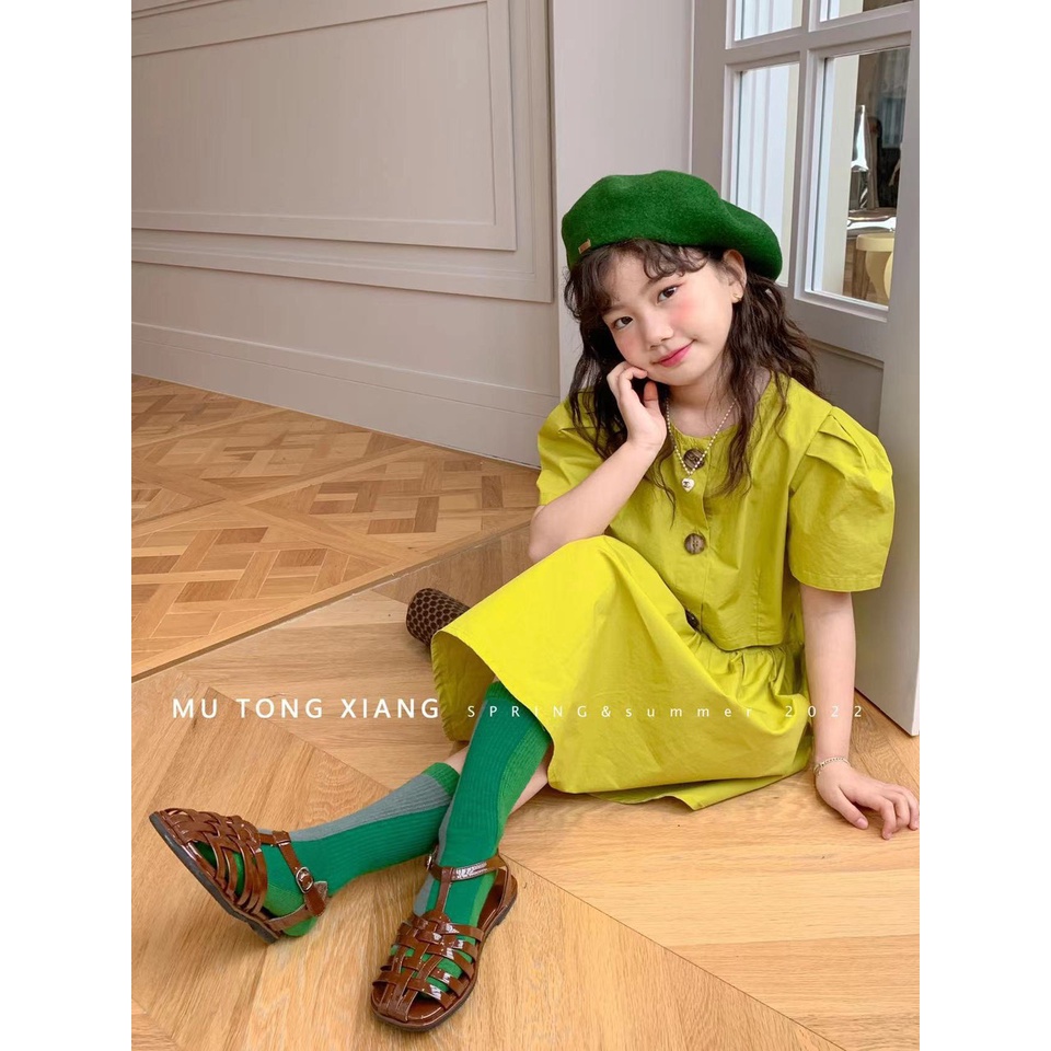 Set áo tay bồng quần ông sớ rộng xanh cốm và vàng XHN900