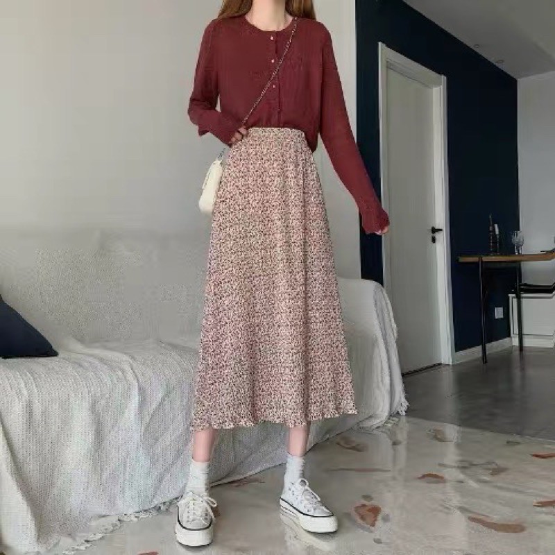 chân váy midi hoa nhí lưng thun vintage | BigBuy360 - bigbuy360.vn