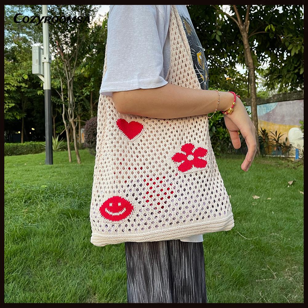 Túi Đeo Vai Đan Len Thủ Công Cỡ Lớn Phối Lưới Hoa Xinh Xắn