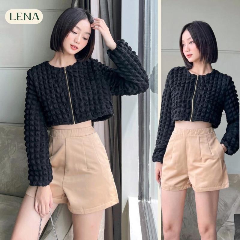 Áo khoác croptop tay bồng lồng đèn tiểu thư LENA phối quần short lưng cao tôn dáng - D2196