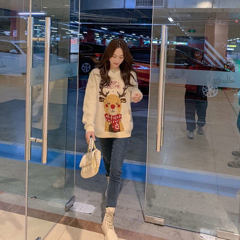 Áo sweater dệt kim dáng rộng in hình tuần lộc đỏ thời trang thu đông phong cách Hàn Quốc cho nữ
