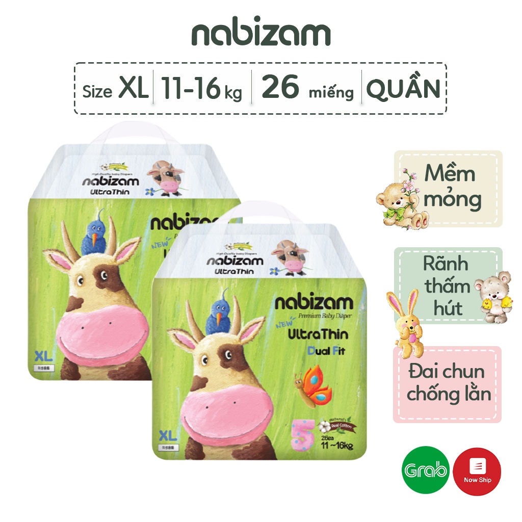 Combo 2 Bịch Tã Quần NABIZAM Ultra Thin Nội Địa Hàn Rãnh Chống Tràn Linh Hoạt Size XL Cho Bé Từ 11-16kg, 26 Miếng/Bịch