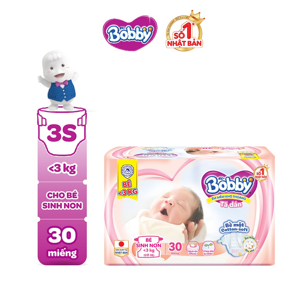 Tã dám Bobby cho trẻ thiếu tháng <3KG 30 miếng/gói