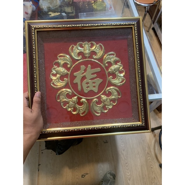 Tranh ngũ phúc 5 con dơi bằng đồng phủ bì 36x36cm