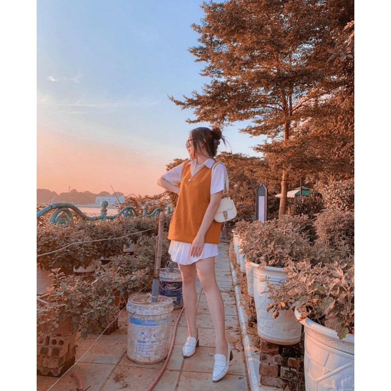 [Mã FAGREEN245 giảm 10% tối đa 30K đơn 99K] Set sơ mi giấu quần phối áo gile gân cam