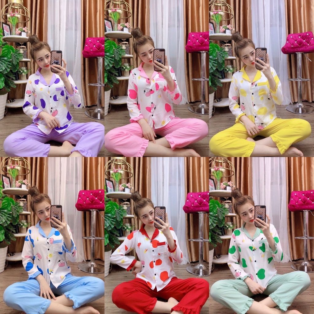 Set bộ đồ pijama tay dài quần dài vải kate lụa họa tiết siêu xinh freesize dưới 57kg