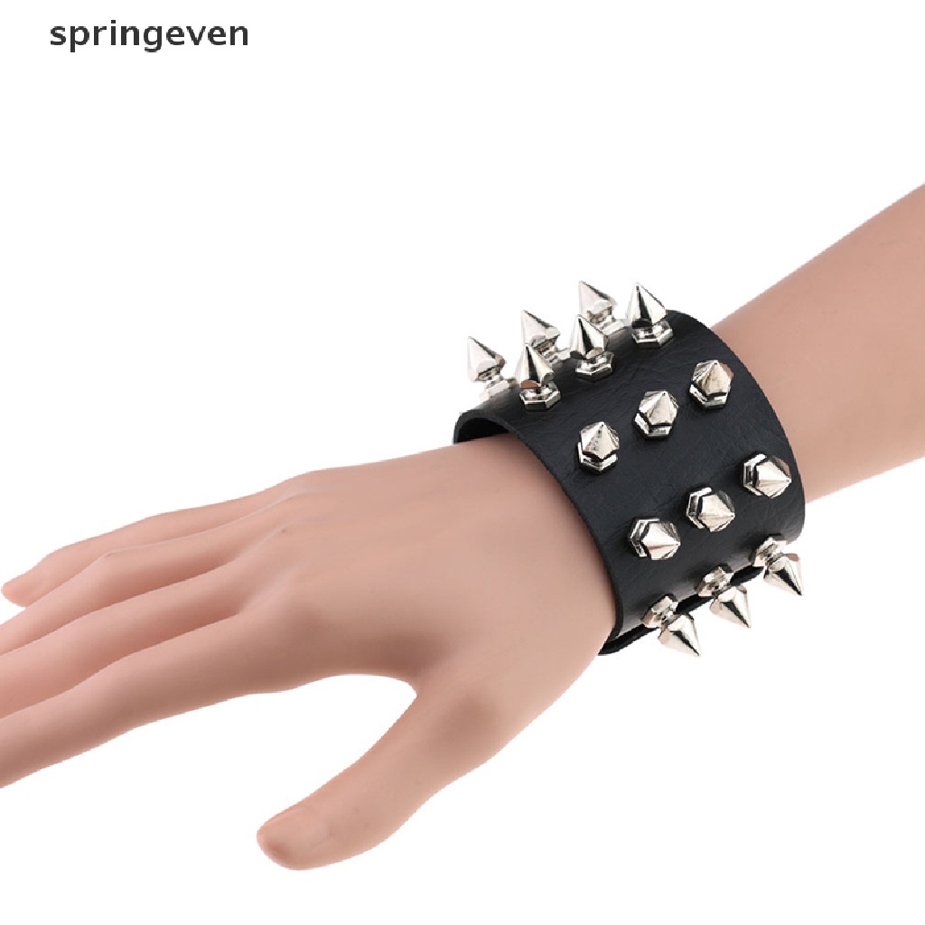 Vòng Tay Da PU Bản To Đính Đinh Tán Phong Cách Punk Gothic