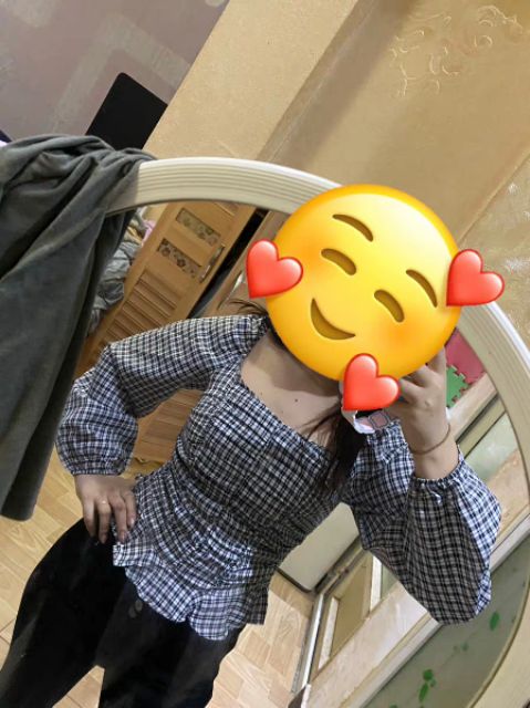 (SẴN) Áo cổ vuông kẻ ô bo người