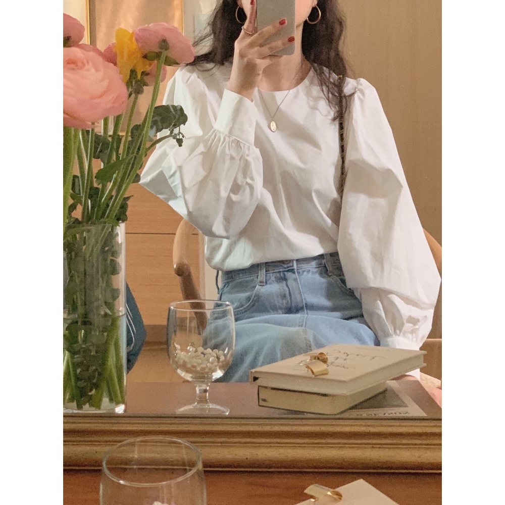 Áo Sơ Mi Tay Dài Phồng Cổ Tròn Dáng Rộng Nhiều Màu Kiểu Hàn Quốc Thời Trang Mùa Xuân