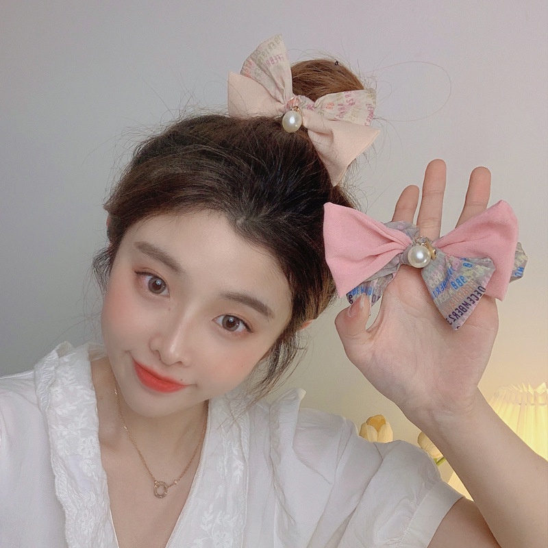Dây Buộc Tóc Cao Su Co Giãn Phối Ruy Băng Đính Ngọc Trai Thời Trang Hàn Quốc Cho Nữ