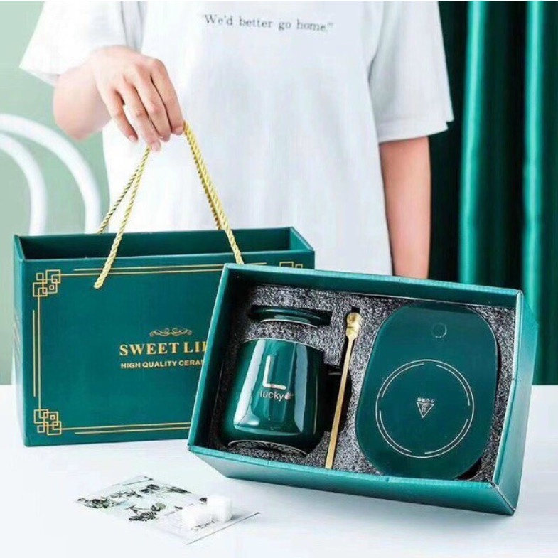 BỘ CỐC HÂM NÓNG ĐỒ UỐNG SIÊU TỐC KÈM ĐẾ ĐIỆN - CỐC CHƯNG YẾN - CỐC HÂM NÓNG CÀ PHÊ SỮA TẶNG THÌA MẠ VÀNG + HỘP SANG TRỌG