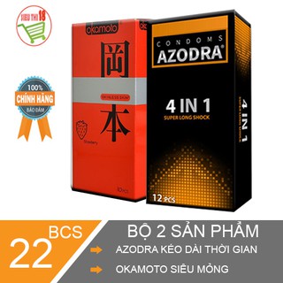 Bộ 2 hộp, bao cao su Okamoto hộp 10 cái, bao cao su Azodra, hộp 12 cái