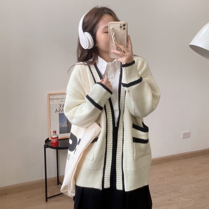 Áo Cardigan, Áo Khoác Len Nữ Thừng Viền Đen - Titto Closet