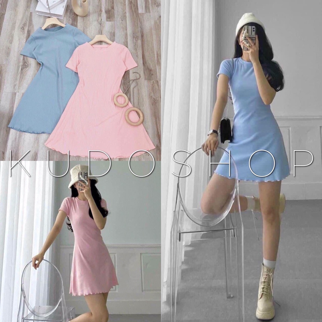 Váy body thun gân cộc tay dáng xòe 2 màu ulzzang/ Váy ngắn cổ tròn dáng ôm trẻ trung cá tính mặc tôn dáng_kudoshop