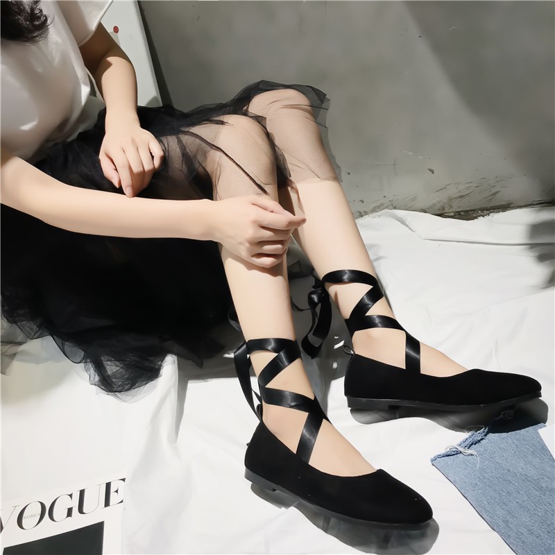 Giày Búp Bê Buộc Dây Màu Đen / Hồng Nhạt Dễ Thương | BigBuy360 - bigbuy360.vn