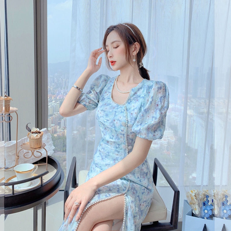 Đầm Tay Ngắn Màu Xanh Dương In Hoa Thời Trang Mùa Hè Phong Cách Pháp Hiện Đại Mới Cho Nữ | BigBuy360 - bigbuy360.vn