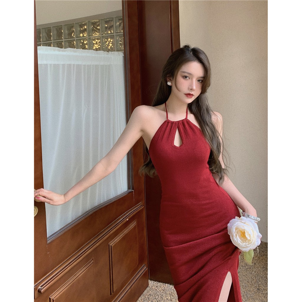 Dress Female 2021 Summer New French Long Skirt Square Collar Sleeveless Suspenders Square Knit Skirt Summer