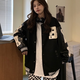 Áo varsity jacket tay da 2022, áo khoác bomber nữ màu đen đẹp thời trang unisex quảng châu ulzzang