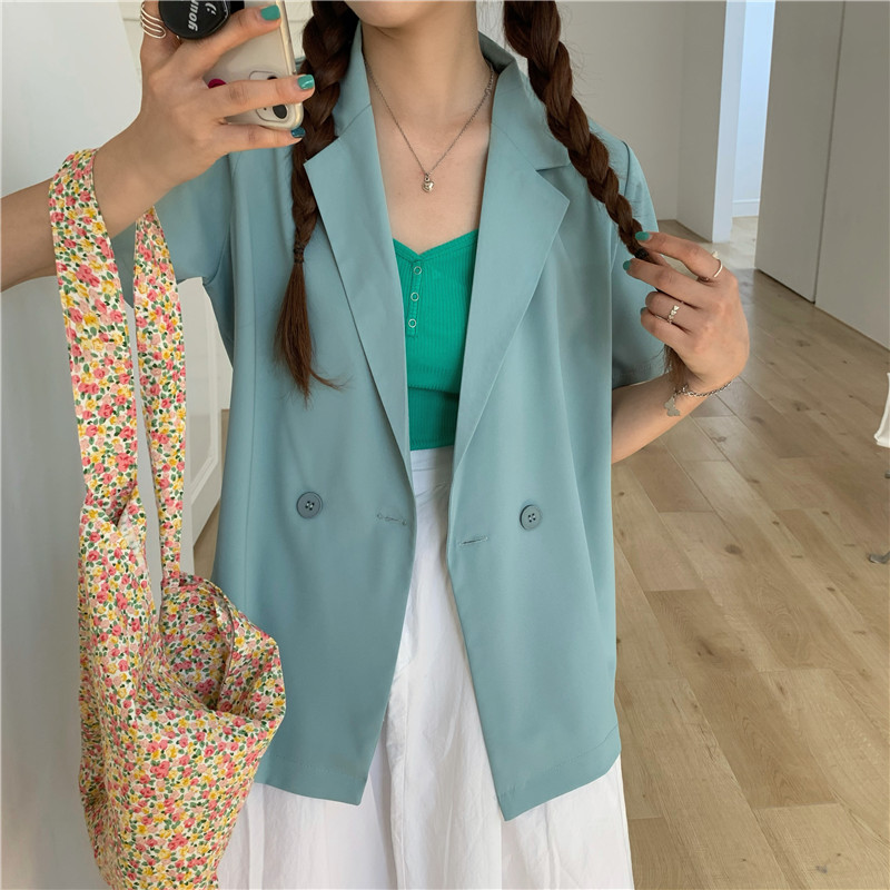 Áo khoác Blazer ngắn tay dáng rộng màu trơn phong cách Hàn Quốc dành cho nữ