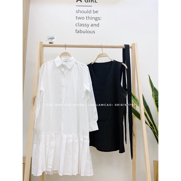 Set Váy Sơ Mi Xếp Ly Phối Gile Yếm Đen Ullzzang
