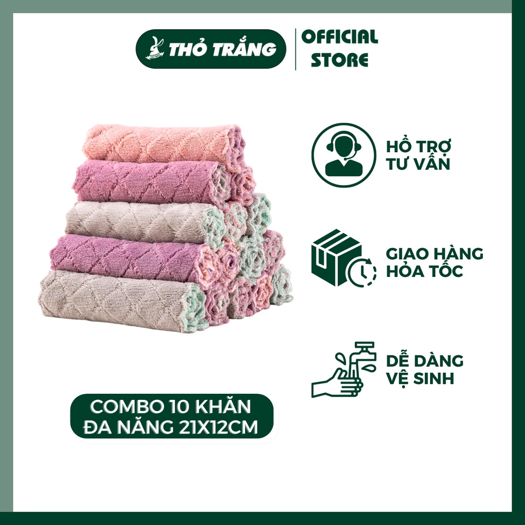 Combo 10 Khăn Lau Đa Năng, Lau Bếp, Xe 2 Mặt Cotton Siêu Thấm Hút 21x12cm