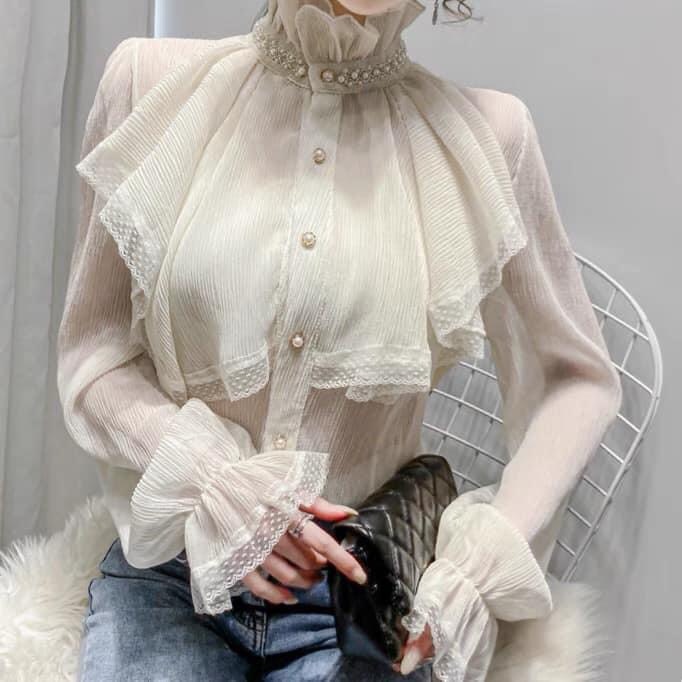 ✨BÁN SỈ✨Áo sơ mi bèo cổ ngọc màu be