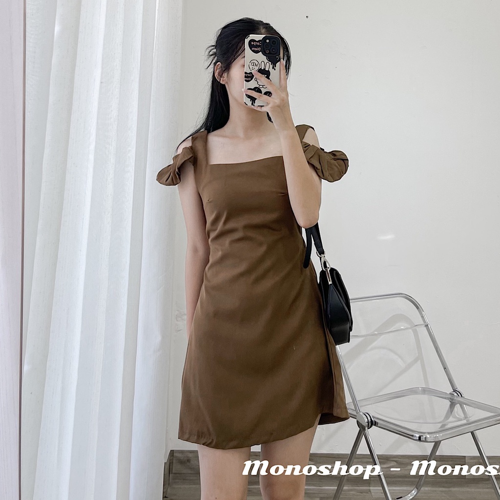 Đầm hai dây khoét vai cutout chun lưng Ảnh thật/ sẵn