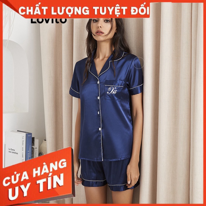 Bộ đồ ngủ Lovito L02022 vải lụa lạnh màu xanh dương đậm trơn tay ngắn có cổ - Hàng nhập khẩu