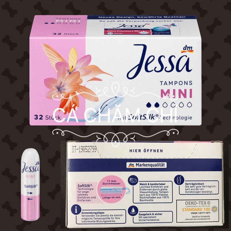 Băng vệ sinh dạng nút Tampons Jessa size mini 2 giọt hộp 32c - Tampon chuẩn Đức