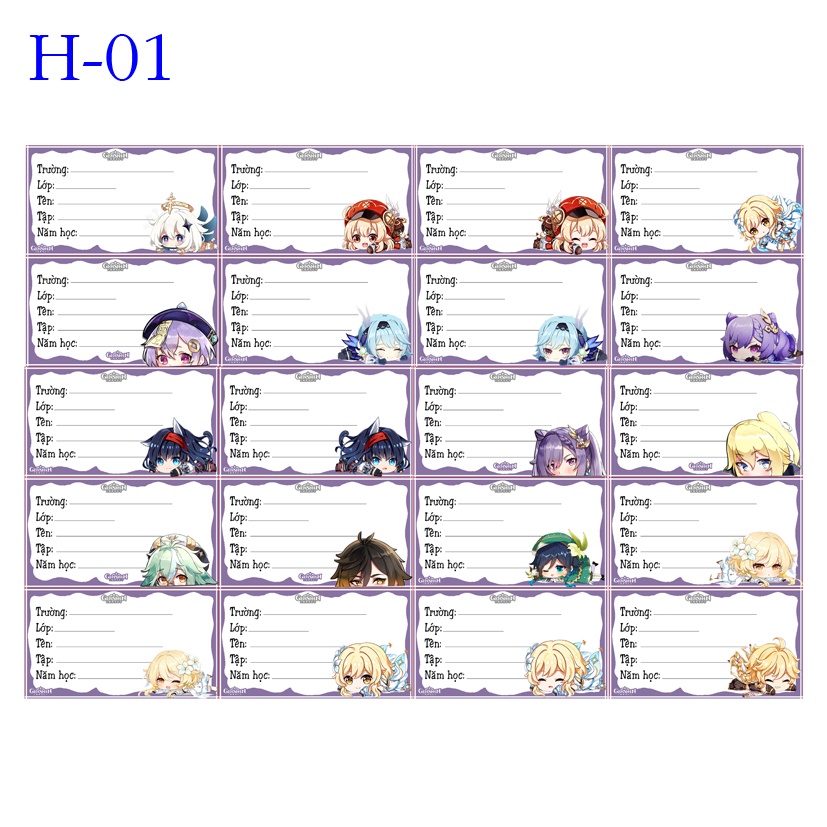 Nhãn vở anime Gemshin Impact các mẫu đẹp lung linh 1 set 20 cái nhãn vở khác nhau