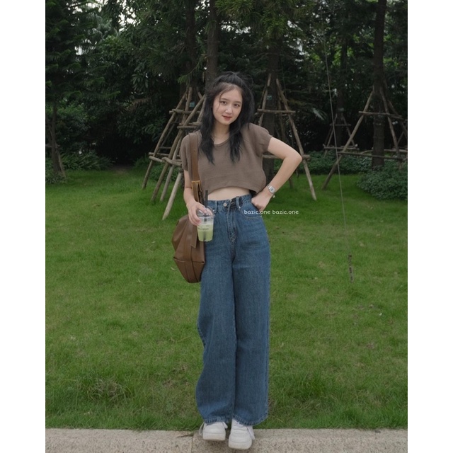 Quần jeans ống rộng dáng dài, quần bò ống suông rộng dài qua mắt cá Bazic one