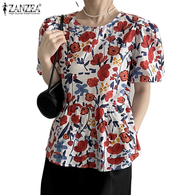 Áo ZANZEA tay phồng cổ tròn in họa tiết phong cách vintage dành cho nữ