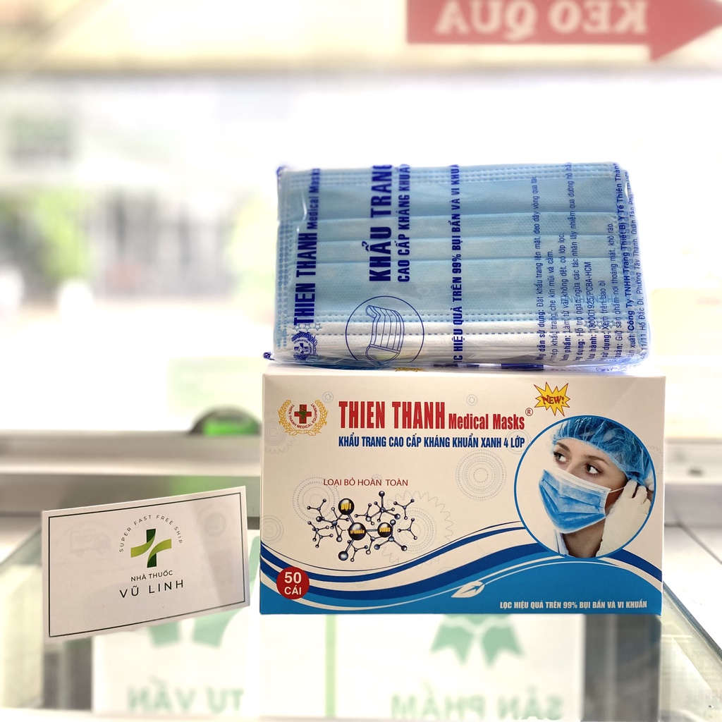 Khẩu trang Thiên Thanh THIEN THANH Medical Masks Hộp 50 cái (màu xanh/màu xám)