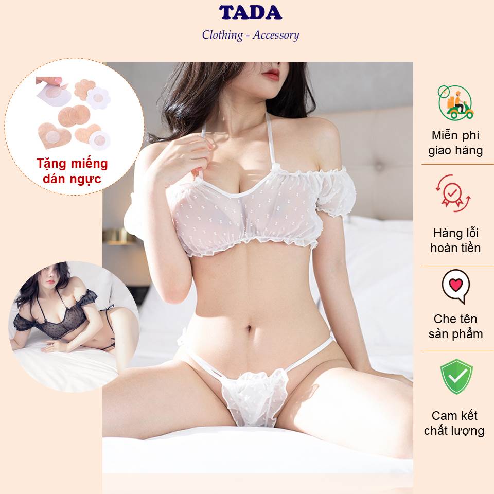 Đồ ngủ ren xuyên thấu chấm bi gợi cảm bộ ngủ nữ 2 mảnh trắng đen sexy - Tada