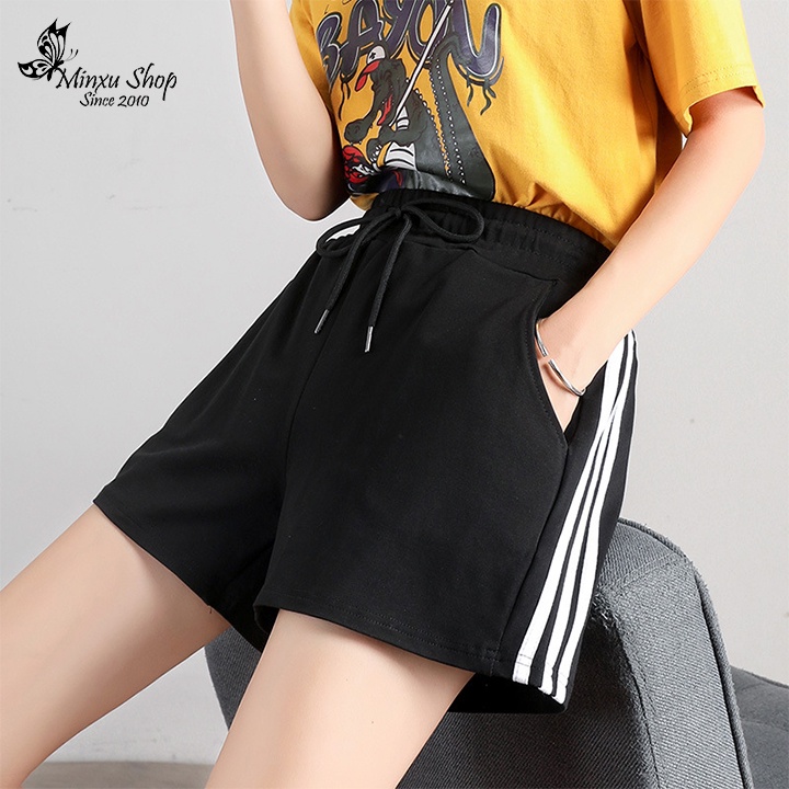 Quần đùi nữ 3 sọc chất Umi Hàn cao cấp, quần short Nữ mặc nhà kẻ sọc viền TÚI 2 BÊN trẻ trung Minxu Shop QS