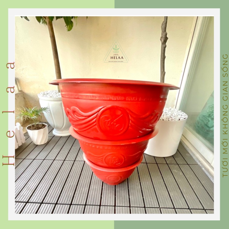 Chậu Nhựa Truyền Thống Phúc Lộc Thọ Đỏ Gạch, Chậu Nhựa Trồng Cây Lớn, Cây Cảnh, Hoa Đào, Quất, Mai - 3 Kích Cỡ