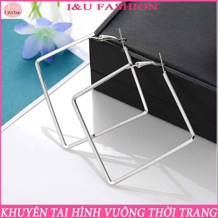 Khuyên tai nữ hình vuông thời trang cá tính chất liệu kim loại màu bạc kiểu dáng gài ( dài cạnh 5cm ) KT-87