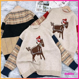 Áo Len Nữ Họa Tiết Form Rộng, Áo Len Ulzzang Cổ Tròn Thêu Hình Con Dê Dễ Thương