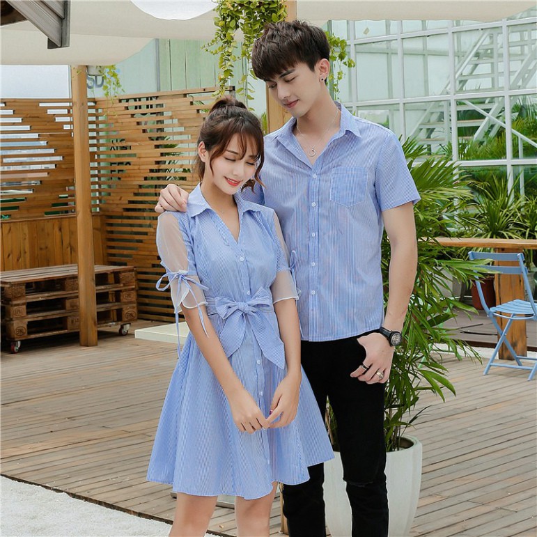 Áo đôi áo cặp 🎀FREESHIP🎀 áo đôi váy sơ mi nam nữ chụp cưới đi biển màu xanh - AV14 (có ảnh thật)