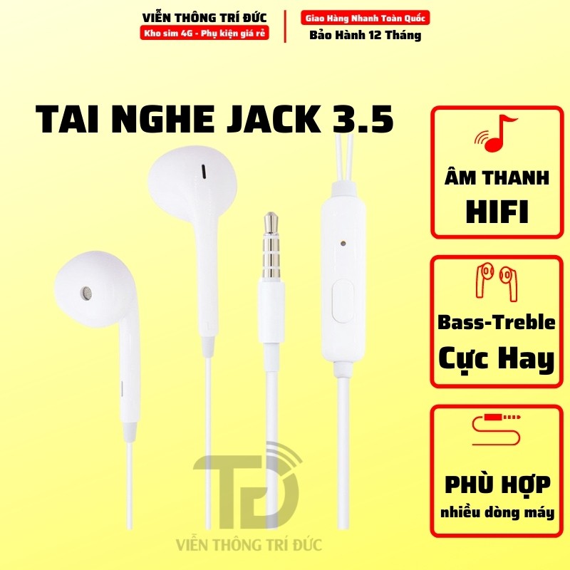 Tai Nghe Nhét Tai cho iPhone/Samsung Có Mic - Jack 3.5mm, Dây Đàn Hồi Cao, Âm Thanh Bass-Treble Hay- Giá Rẻ