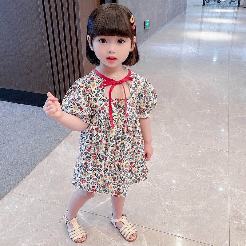 Đầm Công Chúa Chữ A In Hoa Thắt Nơ Eo Thời Trang Mùa Hè Cho Bé Gái 3-8 Tuổi