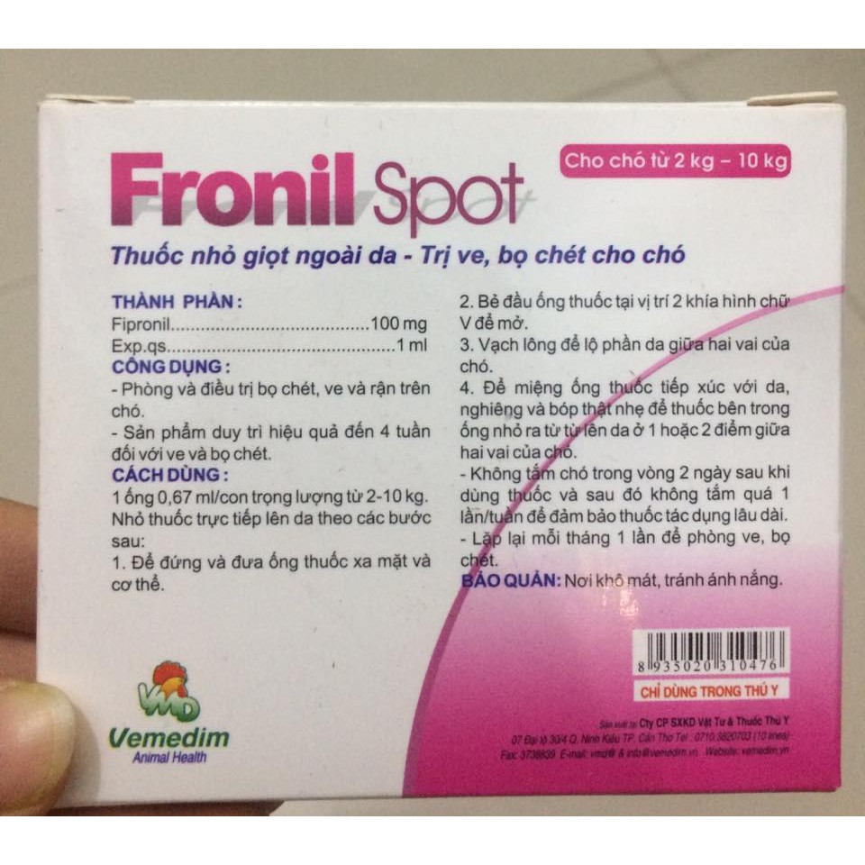 nhỏ vai gáy trị ve rận cho chó - Fronil spot 1 ống 2-10kg