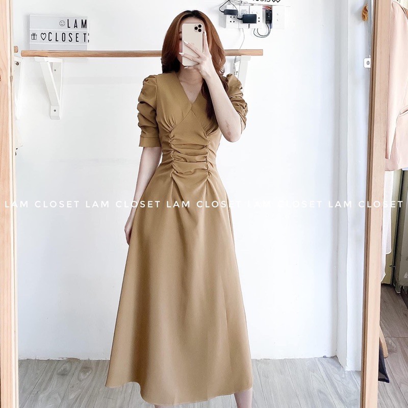 Đầm suông❤️Hình thật 100%❤️Đầm suông cổ V nhún 2 đường